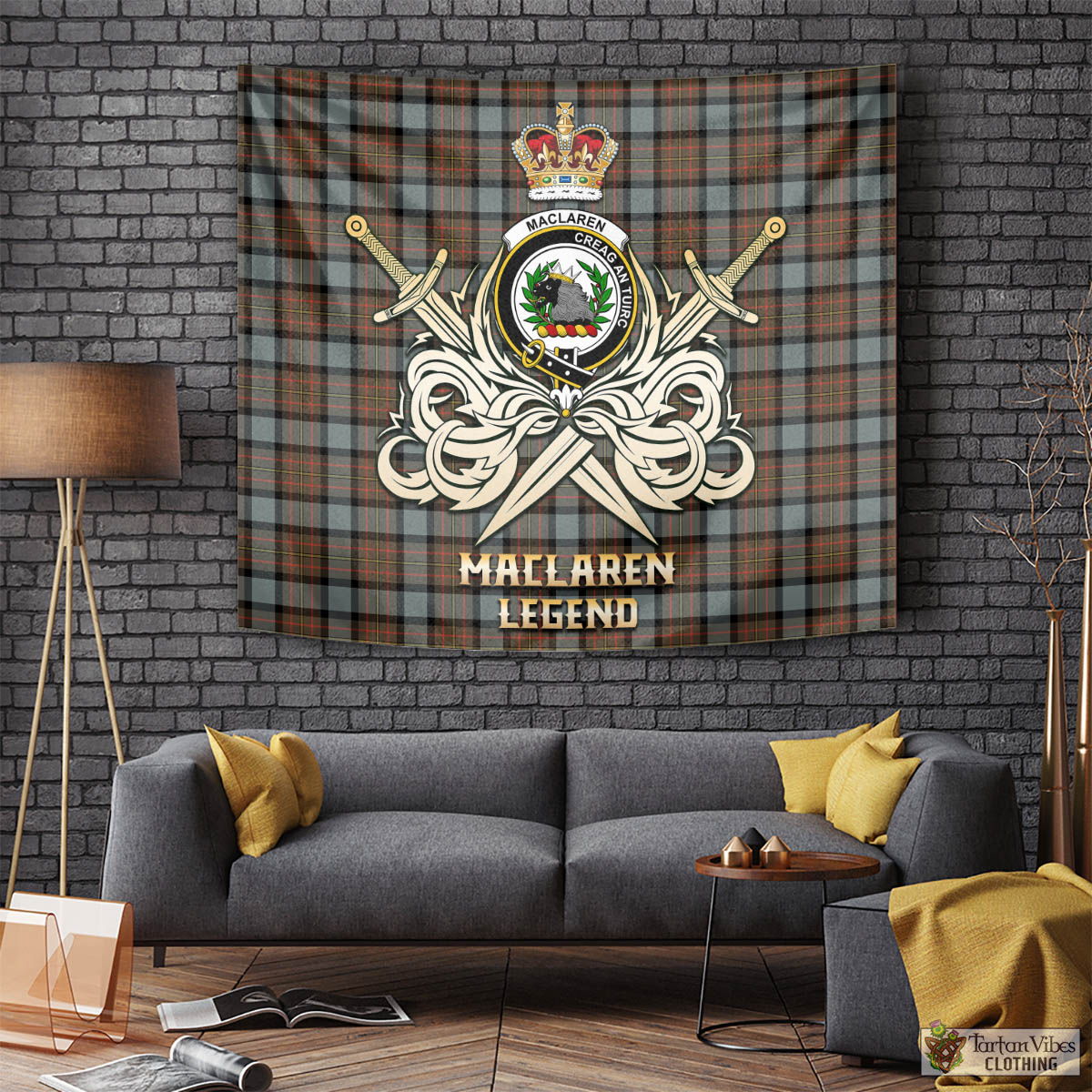 Tartan Vibes Clothing MacLaren Weathered Tartan Tapestry with Clan Crest and the Golden Sword of Courageous Legacy