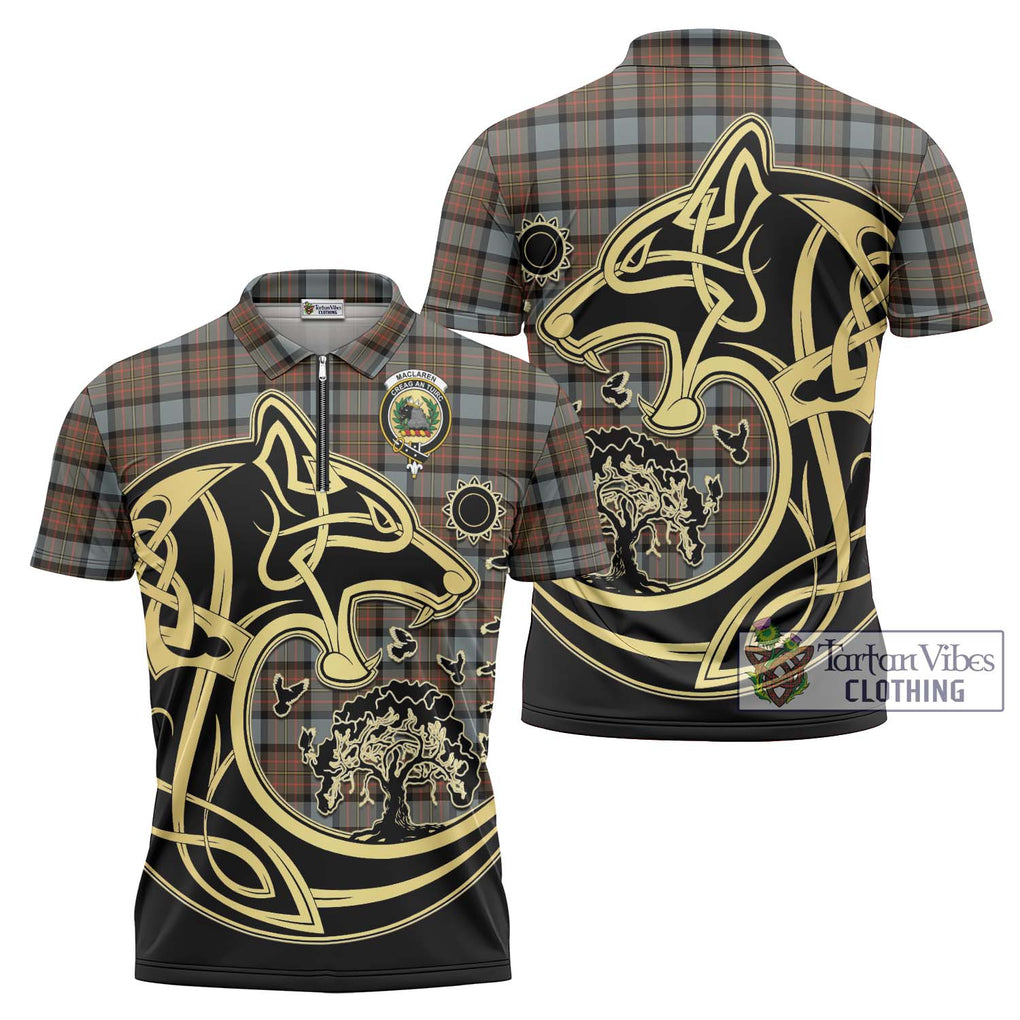 MacLaren Weathered Tartan Zipper Polo Shirt with Family Crest Celtic Wolf Style Unisex - Tartanvibesclothing Shop