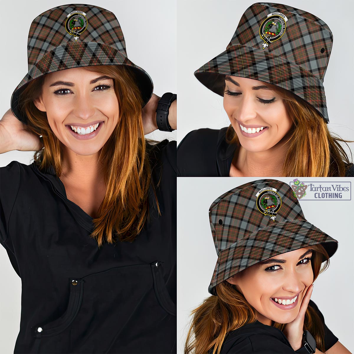 Tartan Vibes Clothing MacLaren Weathered Tartan Bucket Hat with Family Crest