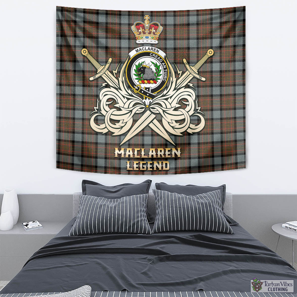 Tartan Vibes Clothing MacLaren Weathered Tartan Tapestry with Clan Crest and the Golden Sword of Courageous Legacy