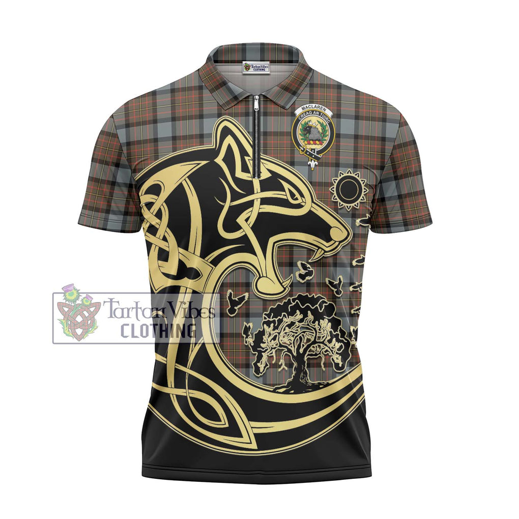 MacLaren Weathered Tartan Zipper Polo Shirt with Family Crest Celtic Wolf Style - Tartanvibesclothing Shop