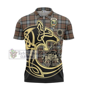 MacLaren Weathered Tartan Zipper Polo Shirt with Family Crest Celtic Wolf Style