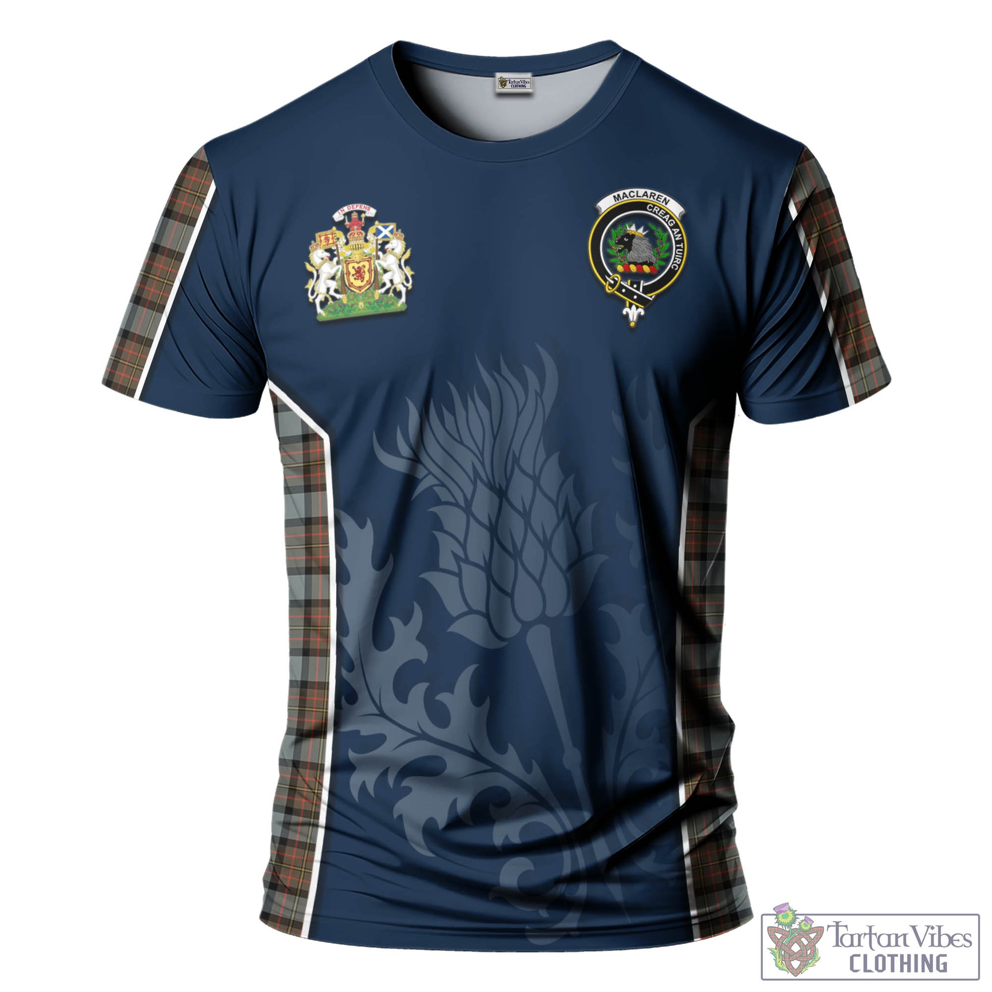 Tartan Vibes Clothing MacLaren Weathered Tartan T-Shirt with Family Crest and Scottish Thistle Vibes Sport Style