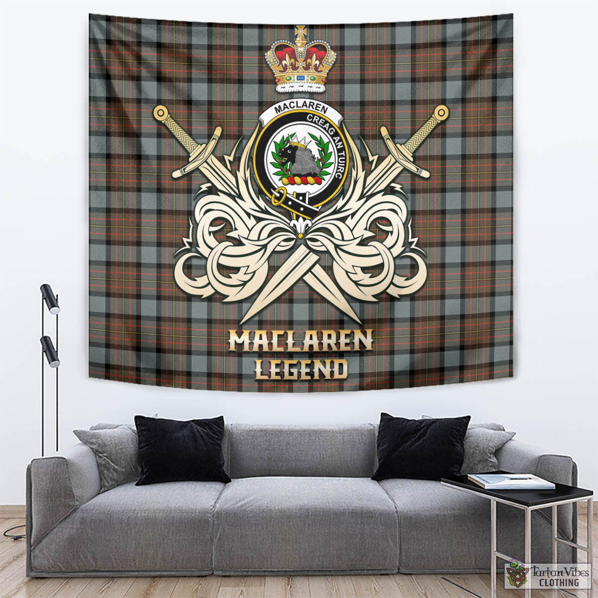 Tartan Vibes Clothing MacLaren Weathered Tartan Tapestry with Clan Crest and the Golden Sword of Courageous Legacy