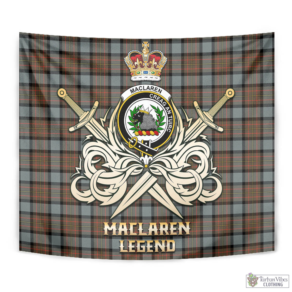 Tartan Vibes Clothing MacLaren Weathered Tartan Tapestry with Clan Crest and the Golden Sword of Courageous Legacy