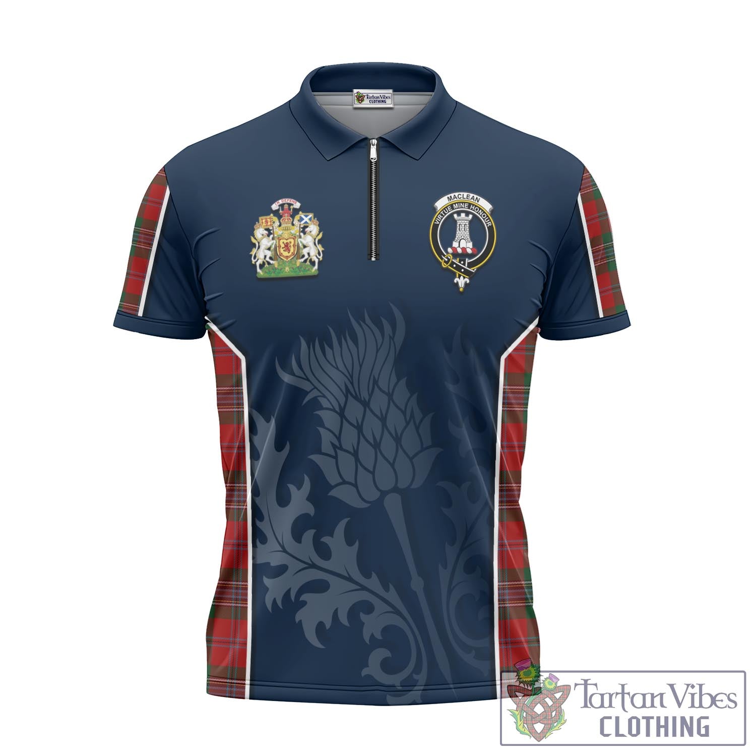 Tartan Vibes Clothing MacLean Tartan Zipper Polo Shirt with Family Crest and Scottish Thistle Vibes Sport Style