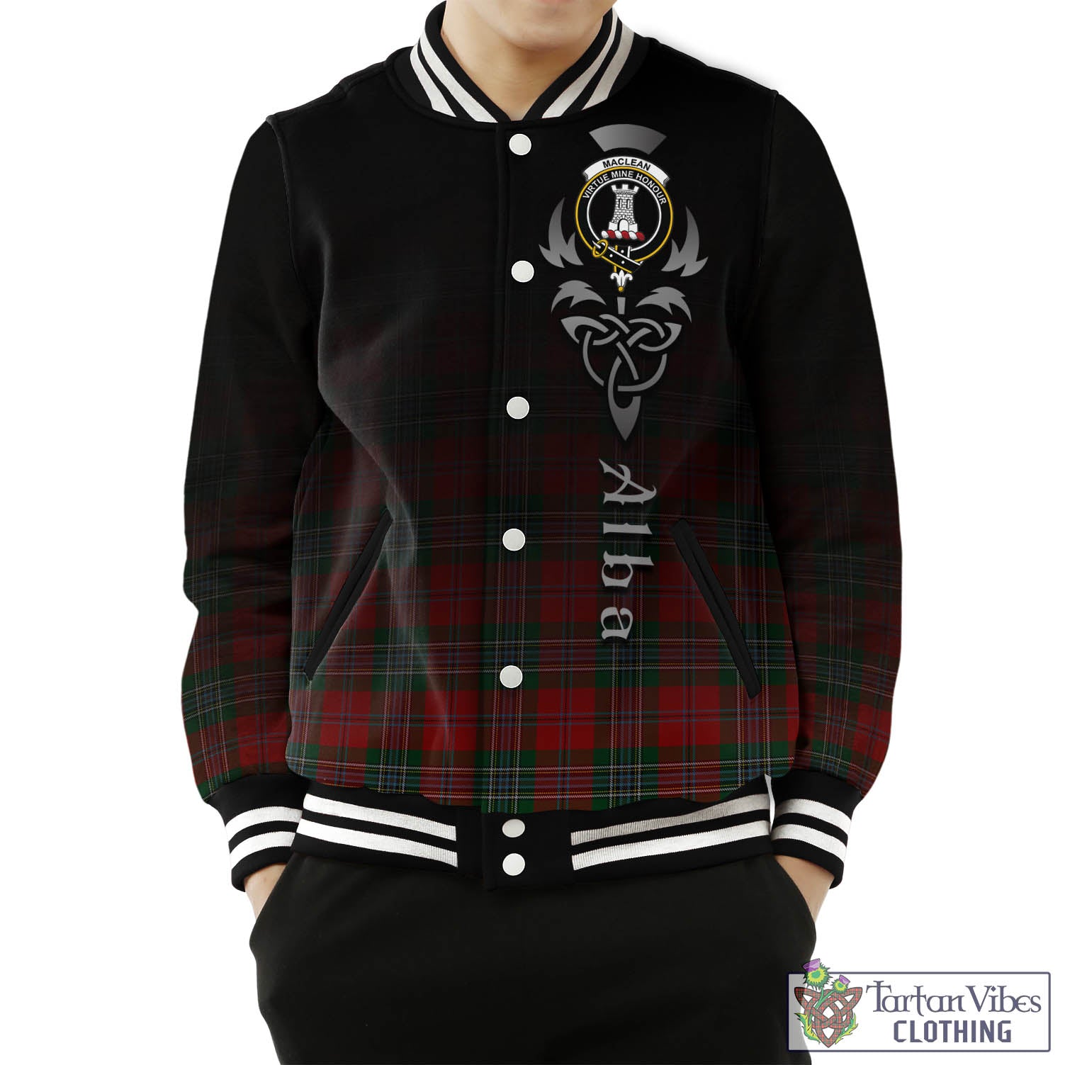 Tartan Vibes Clothing MacLean Tartan Baseball Jacket Featuring Alba Gu Brath Family Crest Celtic Inspired