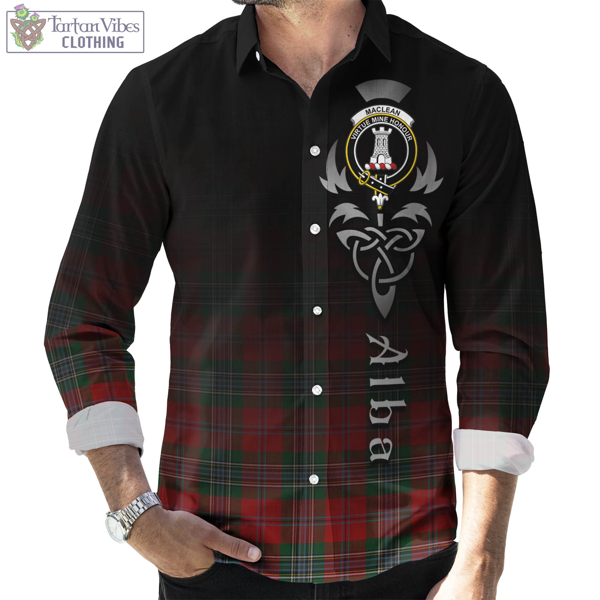 Tartan Vibes Clothing MacLean Tartan Long Sleeve Button Up Featuring Alba Gu Brath Family Crest Celtic Inspired