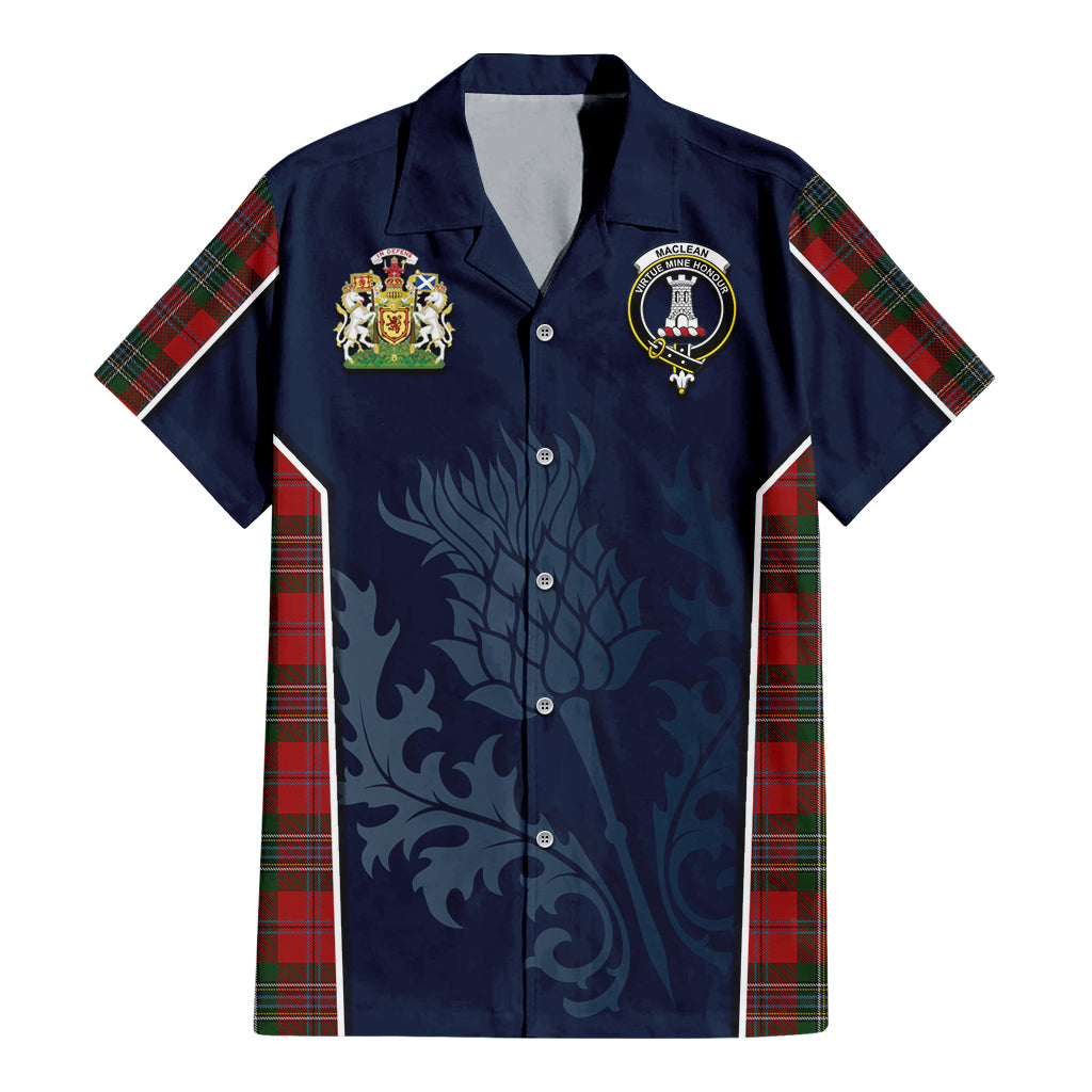 Tartan Vibes Clothing MacLean Tartan Short Sleeve Button Up Shirt with Family Crest and Scottish Thistle Vibes Sport Style