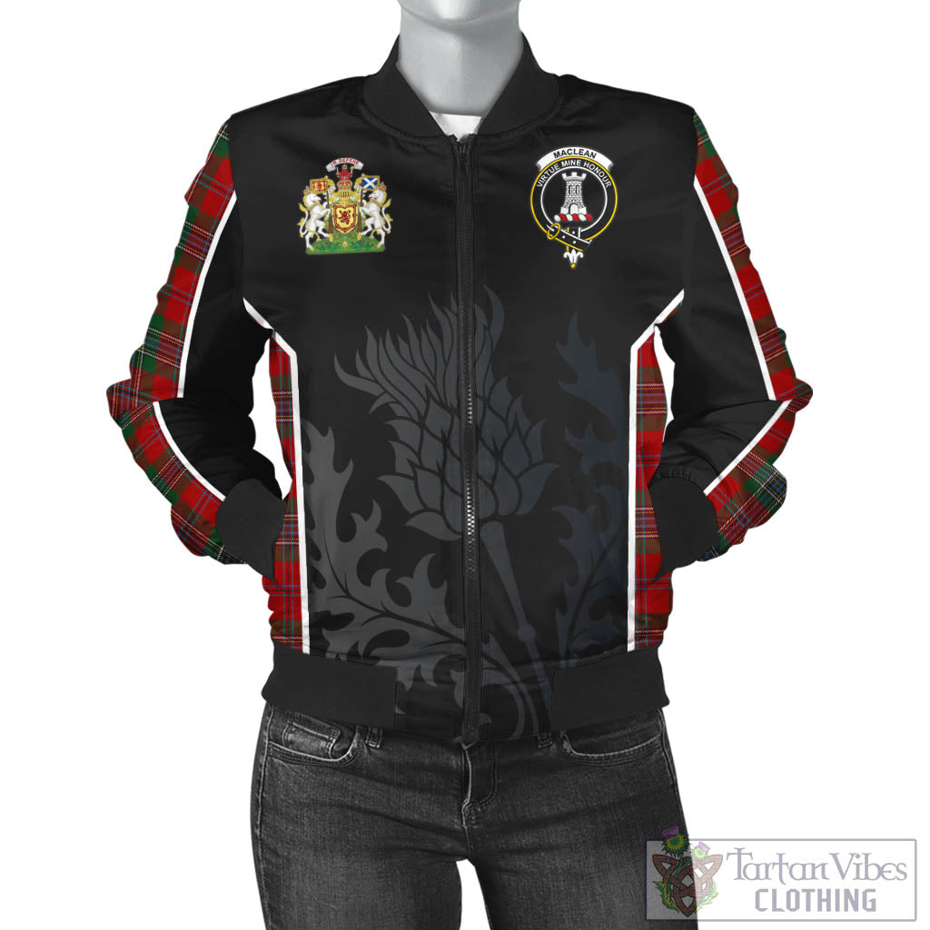 Tartan Vibes Clothing MacLean Tartan Bomber Jacket with Family Crest and Scottish Thistle Vibes Sport Style