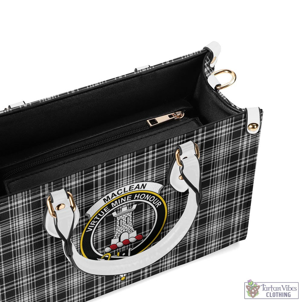 Tartan Vibes Clothing MacLean Black and White Tartan Luxury Leather Handbags with Family Crest