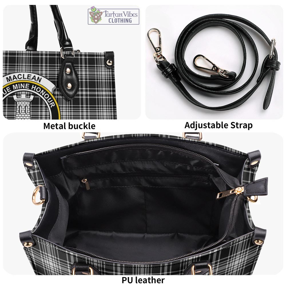 Tartan Vibes Clothing MacLean Black and White Tartan Luxury Leather Handbags with Family Crest