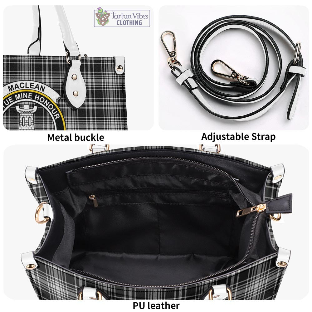 Tartan Vibes Clothing MacLean Black and White Tartan Luxury Leather Handbags with Family Crest