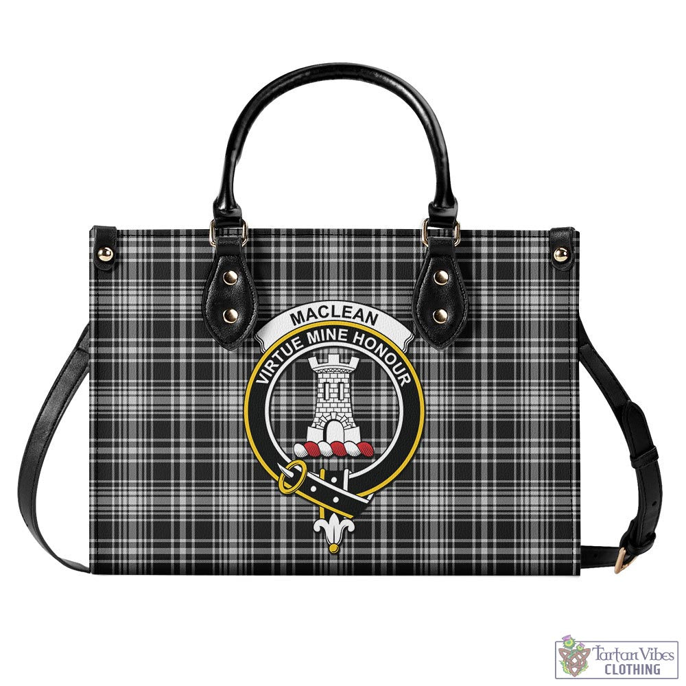 Tartan Vibes Clothing MacLean Black and White Tartan Luxury Leather Handbags with Family Crest