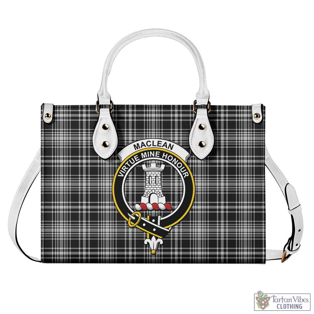 Tartan Vibes Clothing MacLean Black and White Tartan Luxury Leather Handbags with Family Crest