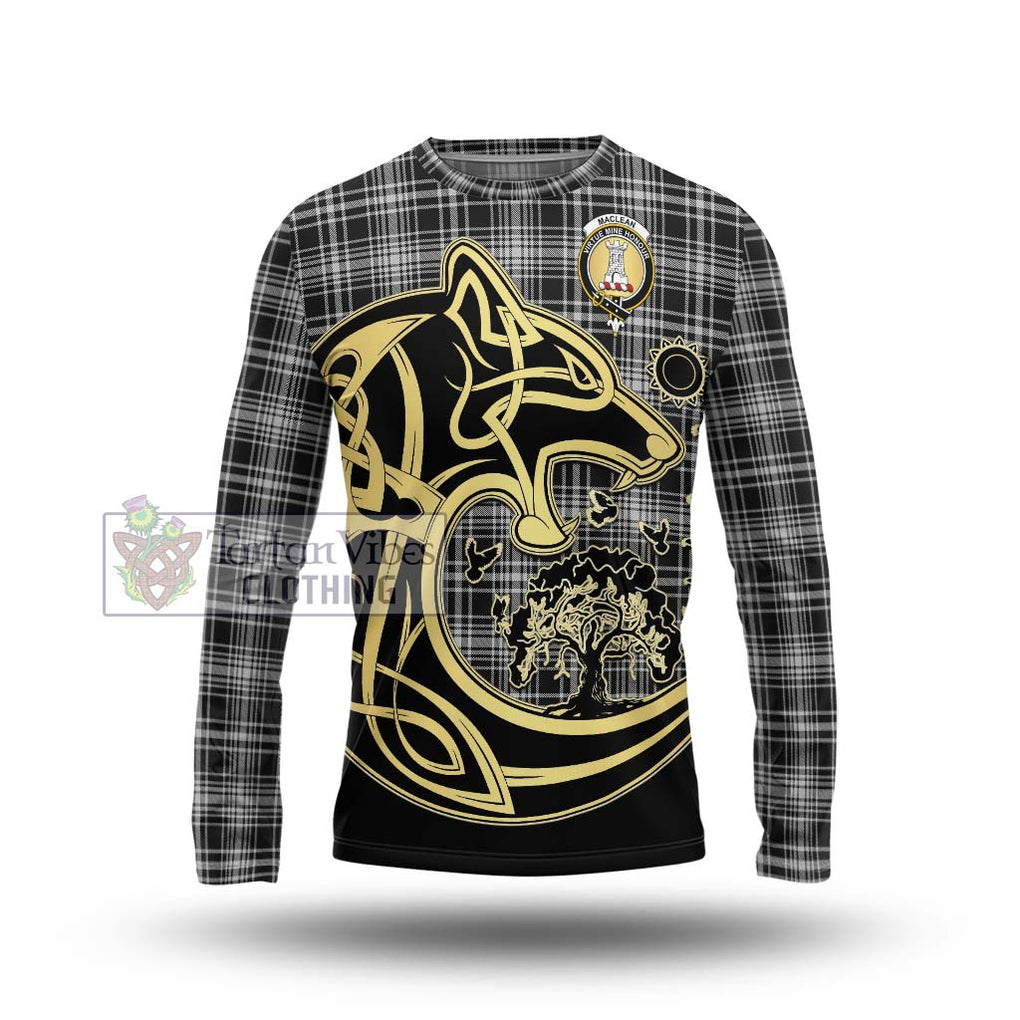 MacLean Black and White Tartan Long Sleeve T-Shirt with Family Crest Celtic Wolf Style Unisex - Tartan Vibes Clothing