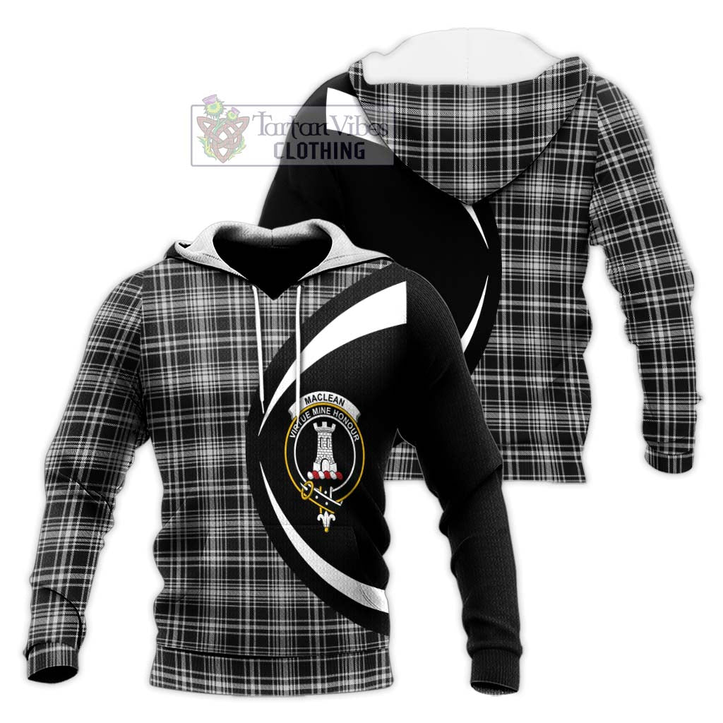 MacLean Black and White Tartan Knitted Hoodie with Family Crest Circle Style Unisex Knitted Pullover Hoodie - Tartan Vibes Clothing