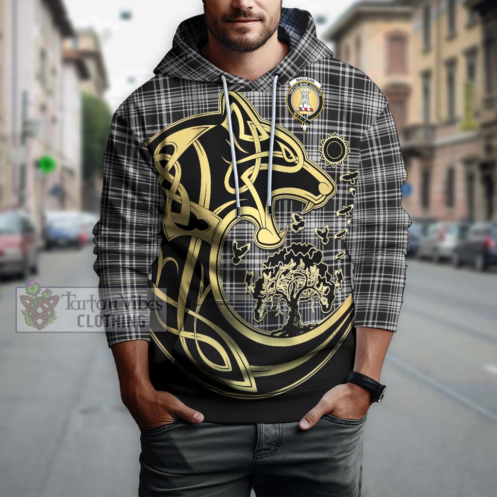 Tartan Vibes Clothing MacLean Black and White Tartan Hoodie with Family Crest Celtic Wolf Style