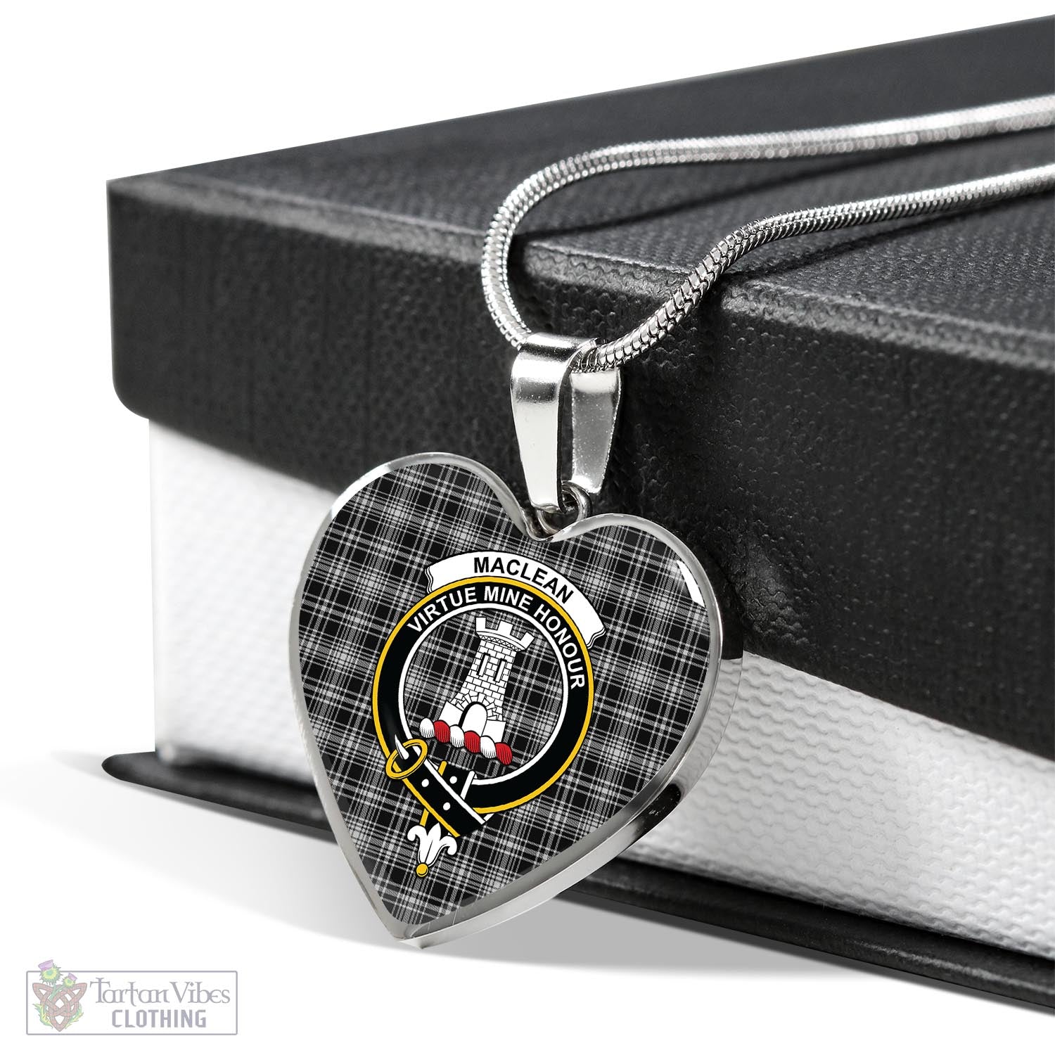 Tartan Vibes Clothing MacLean Black and White Tartan Heart Necklace with Family Crest