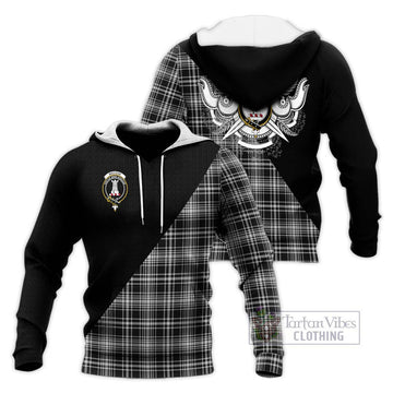 MacLean Black and White Tartan Knitted Hoodie with Family Crest and Military Logo Style