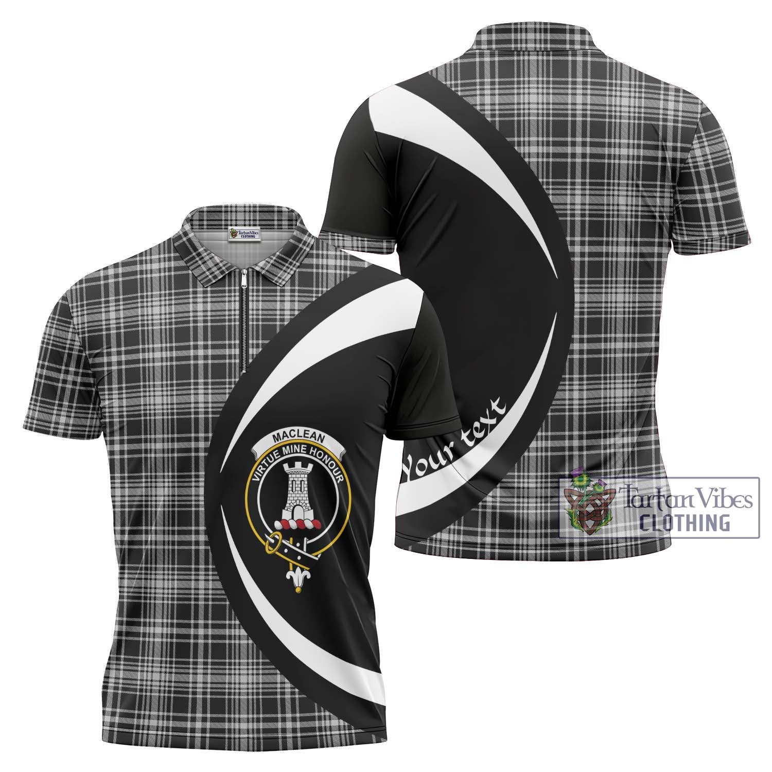 Tartan Vibes Clothing MacLean Black and White Tartan Zipper Polo Shirt with Family Crest Circle Style