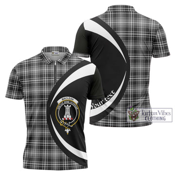 MacLean Black and White Tartan Zipper Polo Shirt with Family Crest Circle Style