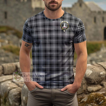 MacLean Black and White Tartan Cotton T-Shirt with Family Crest