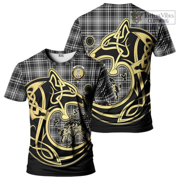 MacLean Black and White Tartan T-Shirt with Family Crest Celtic Wolf Style