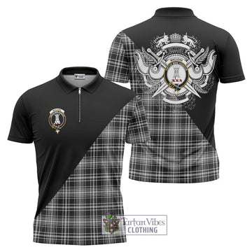 MacLean Black and White Tartan Zipper Polo Shirt with Family Crest and Military Logo Style