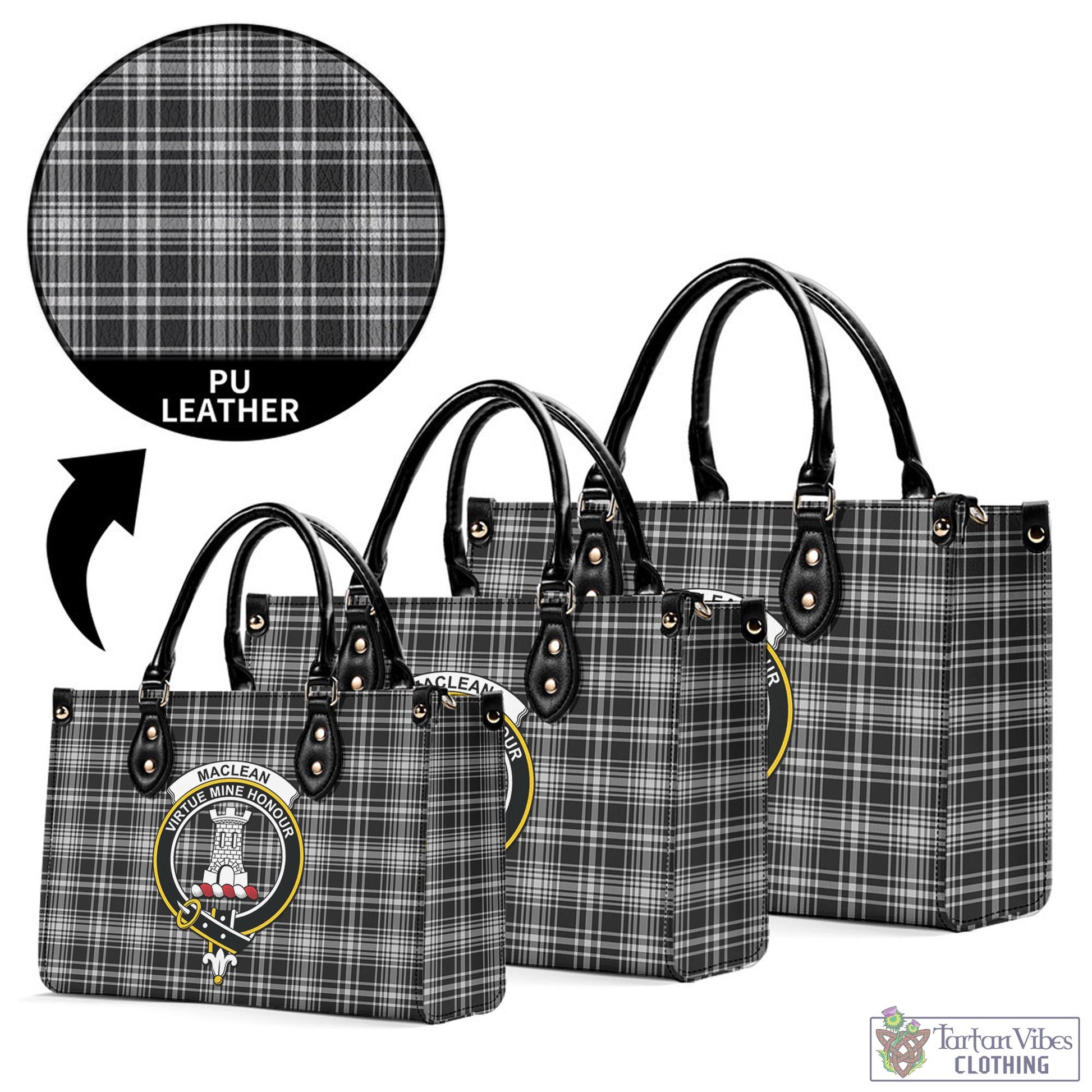 Tartan Vibes Clothing MacLean Black and White Tartan Luxury Leather Handbags with Family Crest