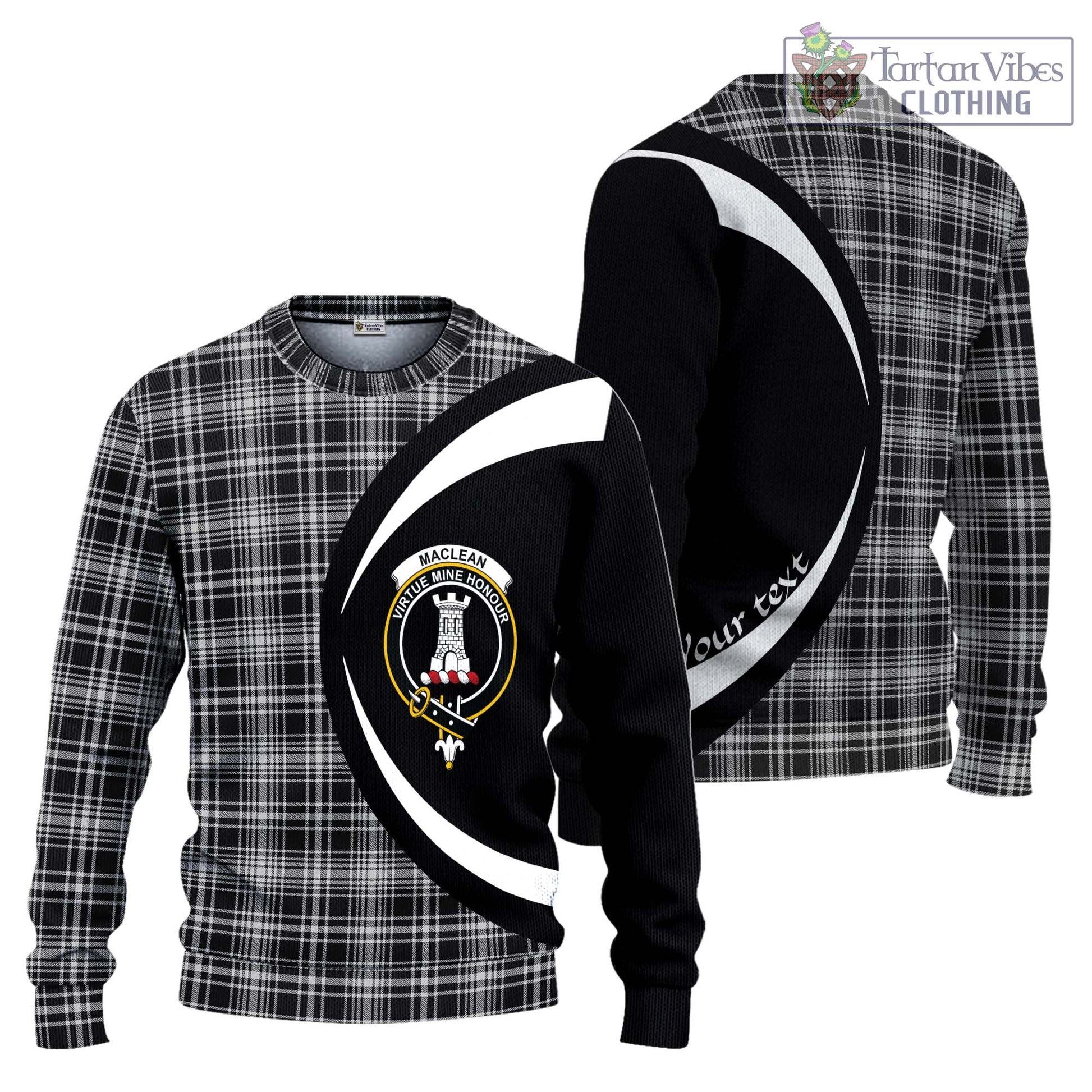 MacLean Black and White Tartan Knitted Sweater with Family Crest Circle Style Unisex - Tartan Vibes Clothing