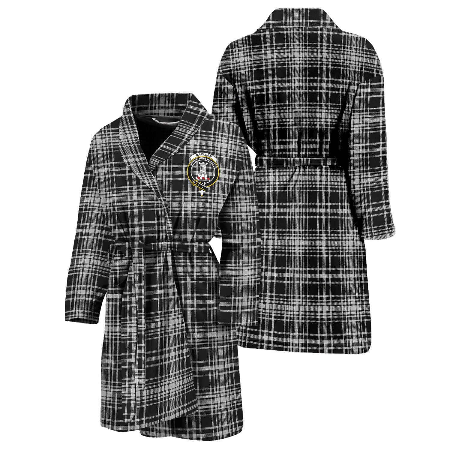 MacLean Black and White Tartan Bathrobe with Family Crest Unisex S - Tartan Vibes Clothing