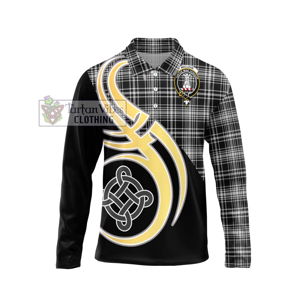 MacLean Black and White Tartan Long Sleeve Polo Shirt with Family Crest and Celtic Symbol Style Unisex - Tartan Vibes Clothing