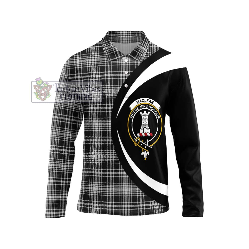 MacLean Black and White Tartan Long Sleeve Polo Shirt with Family Crest Circle Style Unisex - Tartan Vibes Clothing