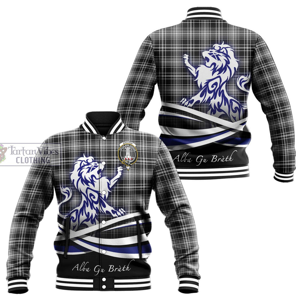 MacLean Black and White Tartan Baseball Jacket with Alba Gu Brath Regal Lion Emblem Unisex - Tartanvibesclothing Shop