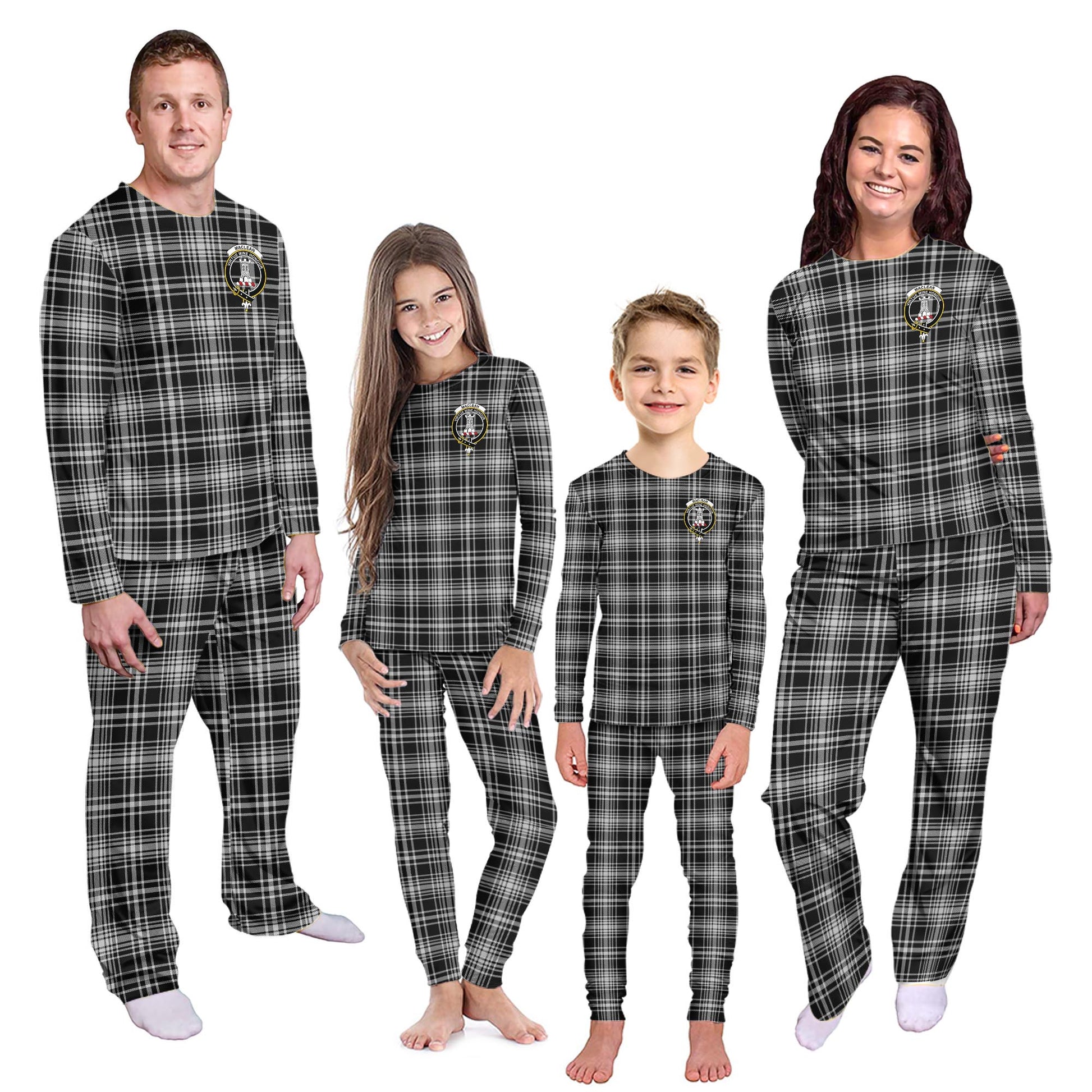 MacLean Black and White Tartan Pajamas Family Set with Family Crest - Tartanvibesclothing