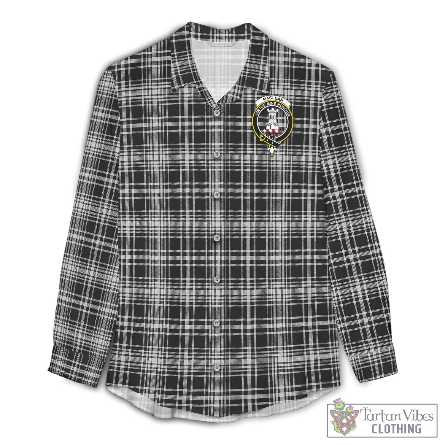 Tartan Vibes Clothing MacLean Black and White Tartan Womens Casual Shirt with Family Crest