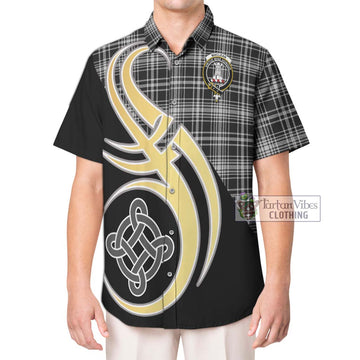 MacLean Black and White Tartan Short Sleeve Button Shirt with Family Crest and Celtic Symbol Style