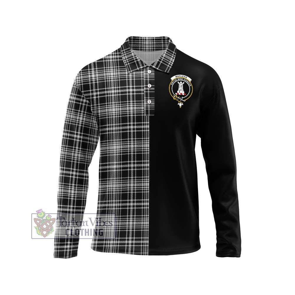 MacLean Black and White Tartan Long Sleeve Polo Shirt with Family Crest and Half Of Me Style Unisex - Tartanvibesclothing Shop