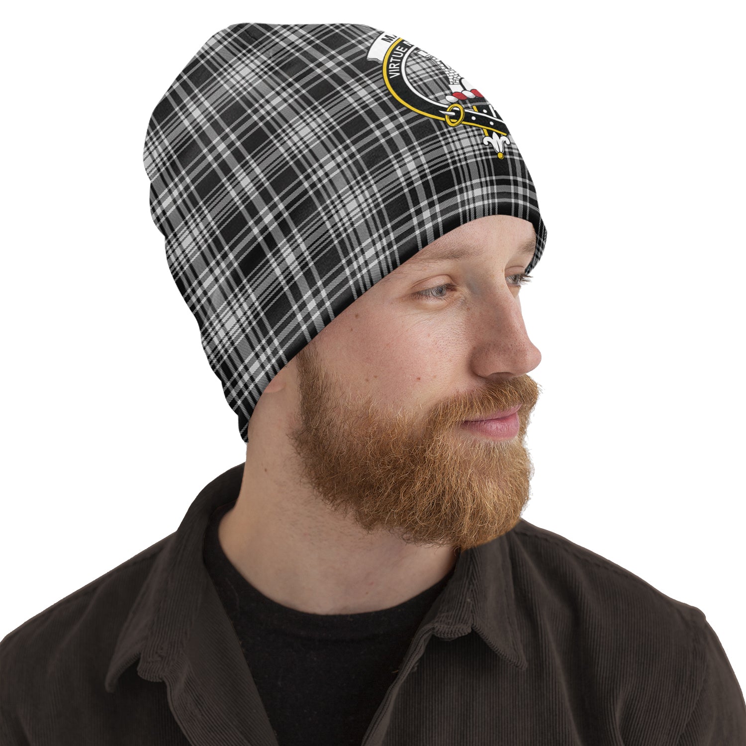 MacLean Black and White Tartan Beanies Hat with Family Crest One Size 10.5*10.2 inches - Tartan Vibes Clothing