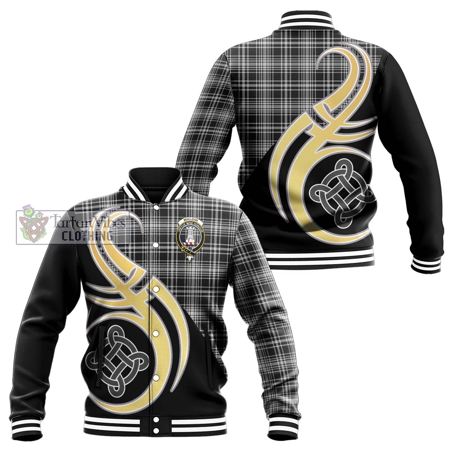 MacLean Black and White Tartan Baseball Jacket with Family Crest and Celtic Symbol Style Unisex - Tartan Vibes Clothing