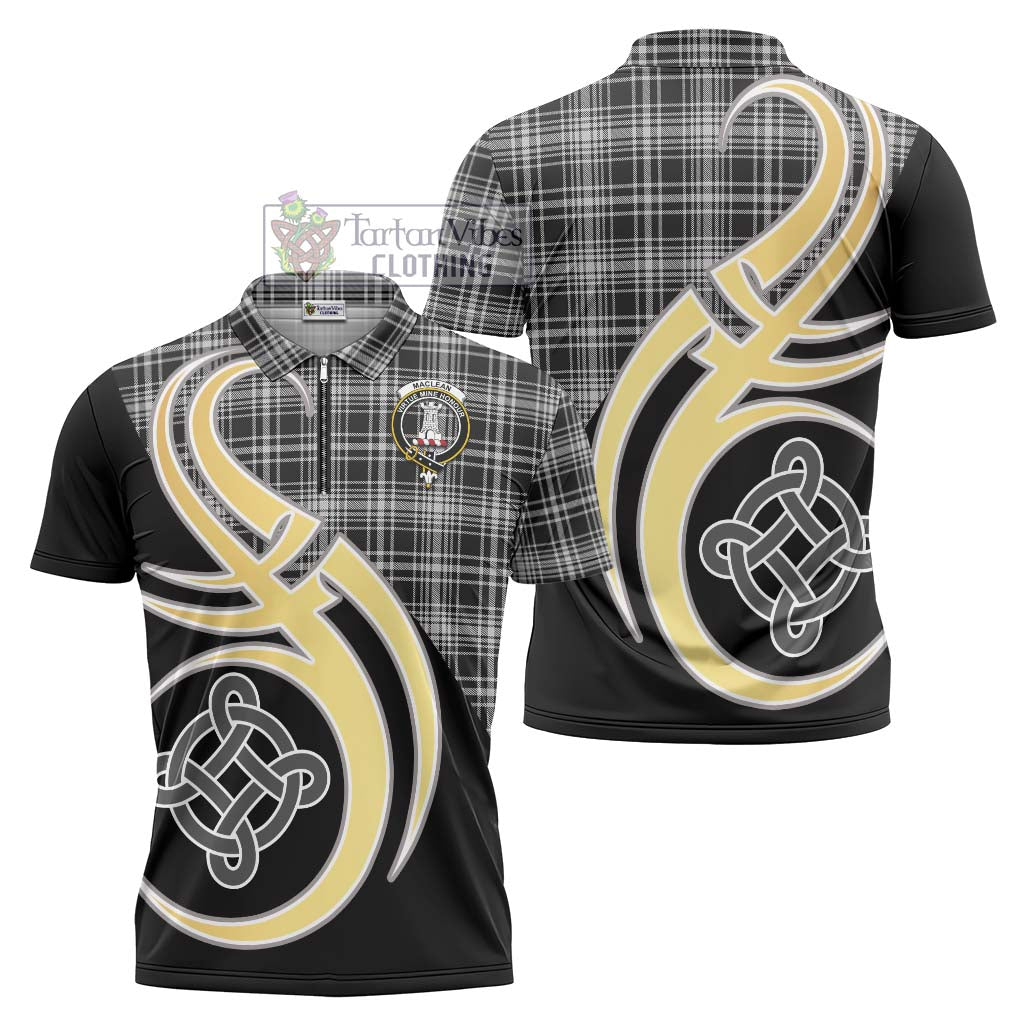 Tartan Vibes Clothing MacLean Black and White Tartan Zipper Polo Shirt with Family Crest and Celtic Symbol Style