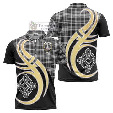 MacLean Black and White Tartan Zipper Polo Shirt with Family Crest and Celtic Symbol Style