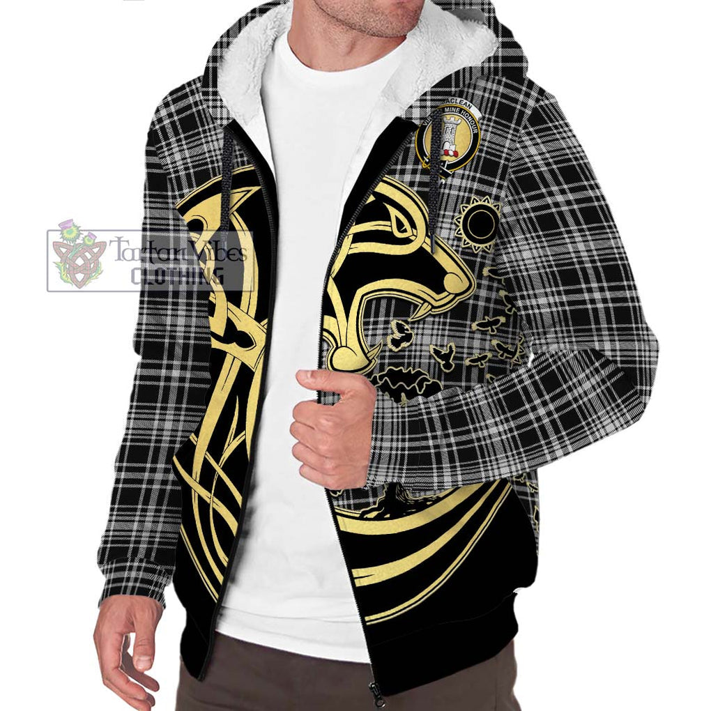 MacLean Black and White Tartan Sherpa Hoodie with Family Crest Celtic Wolf Style Unisex S - Tartan Vibes Clothing