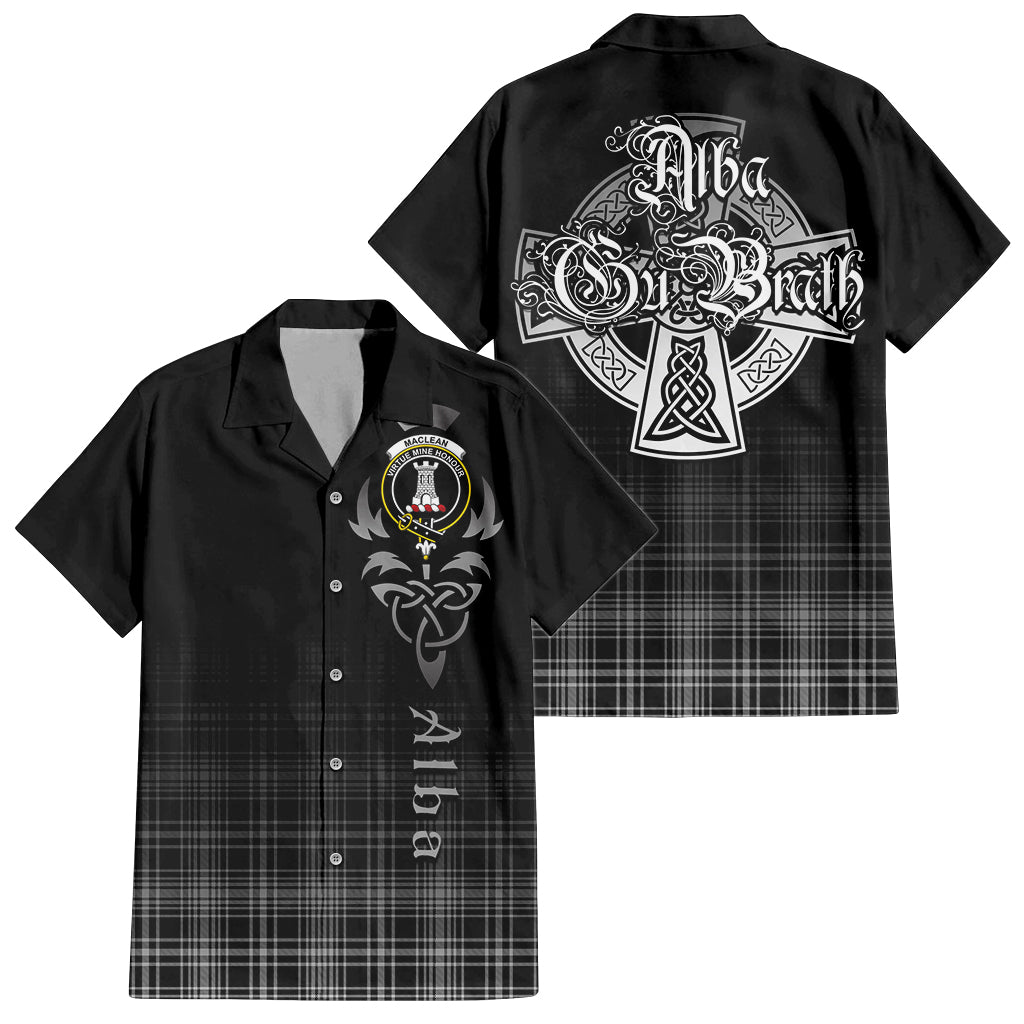 Tartan Vibes Clothing MacLean Black and White Tartan Short Sleeve Button Up Featuring Alba Gu Brath Family Crest Celtic Inspired