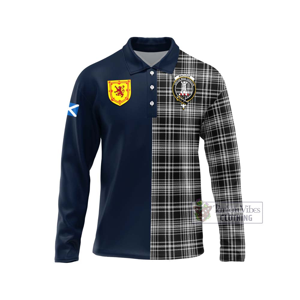 Tartan Vibes Clothing MacLean Black and White Tartan Long Sleeve Polo Shirt with Scottish Lion Royal Arm Half Style