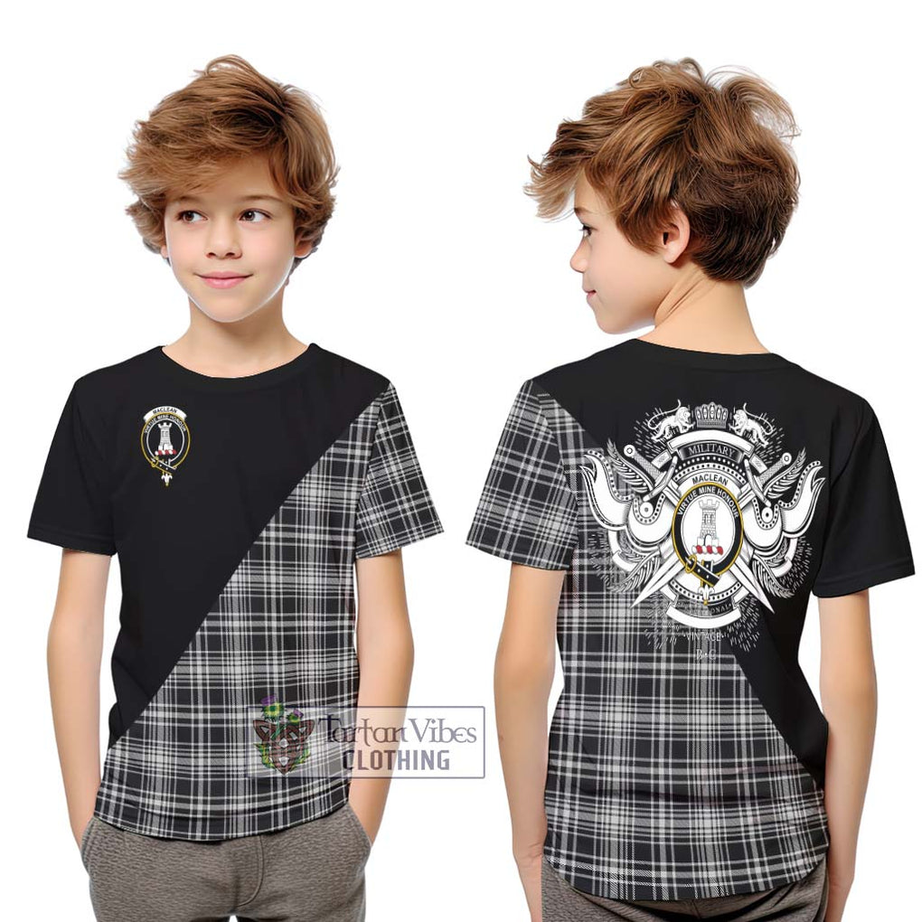 MacLean Black and White Tartan Kid T-Shirt with Family Crest and Military Logo Style Youth XL Size14 - Tartanvibesclothing Shop