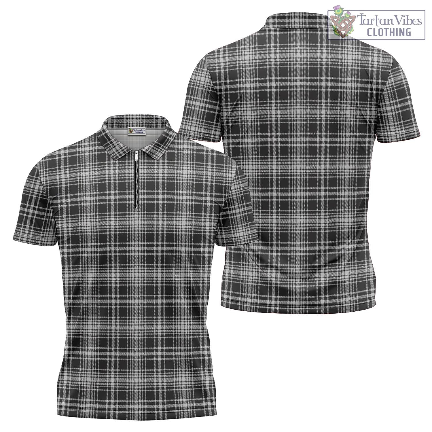 Tartan Vibes Clothing MacLean Black and White Tartan Zipper Polo Shirt