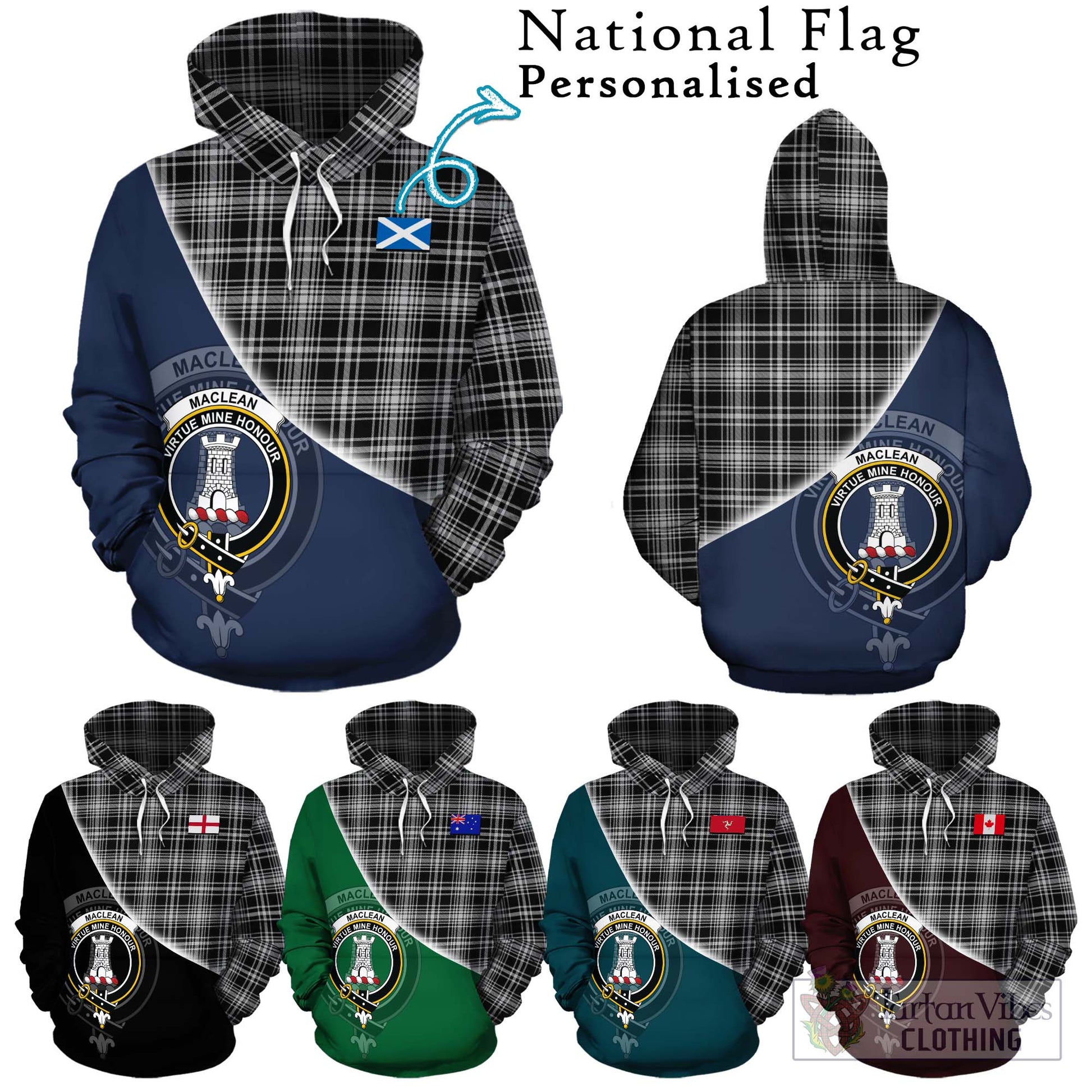 Tartan Vibes Clothing MacLean Black and White Tartan Hoodie with Personalised National Flag and Family Crest Half Style