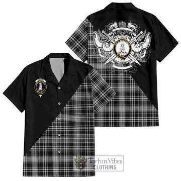 MacLean Black and White Tartan Short Sleeve Button Shirt with Family Crest and Military Logo Style